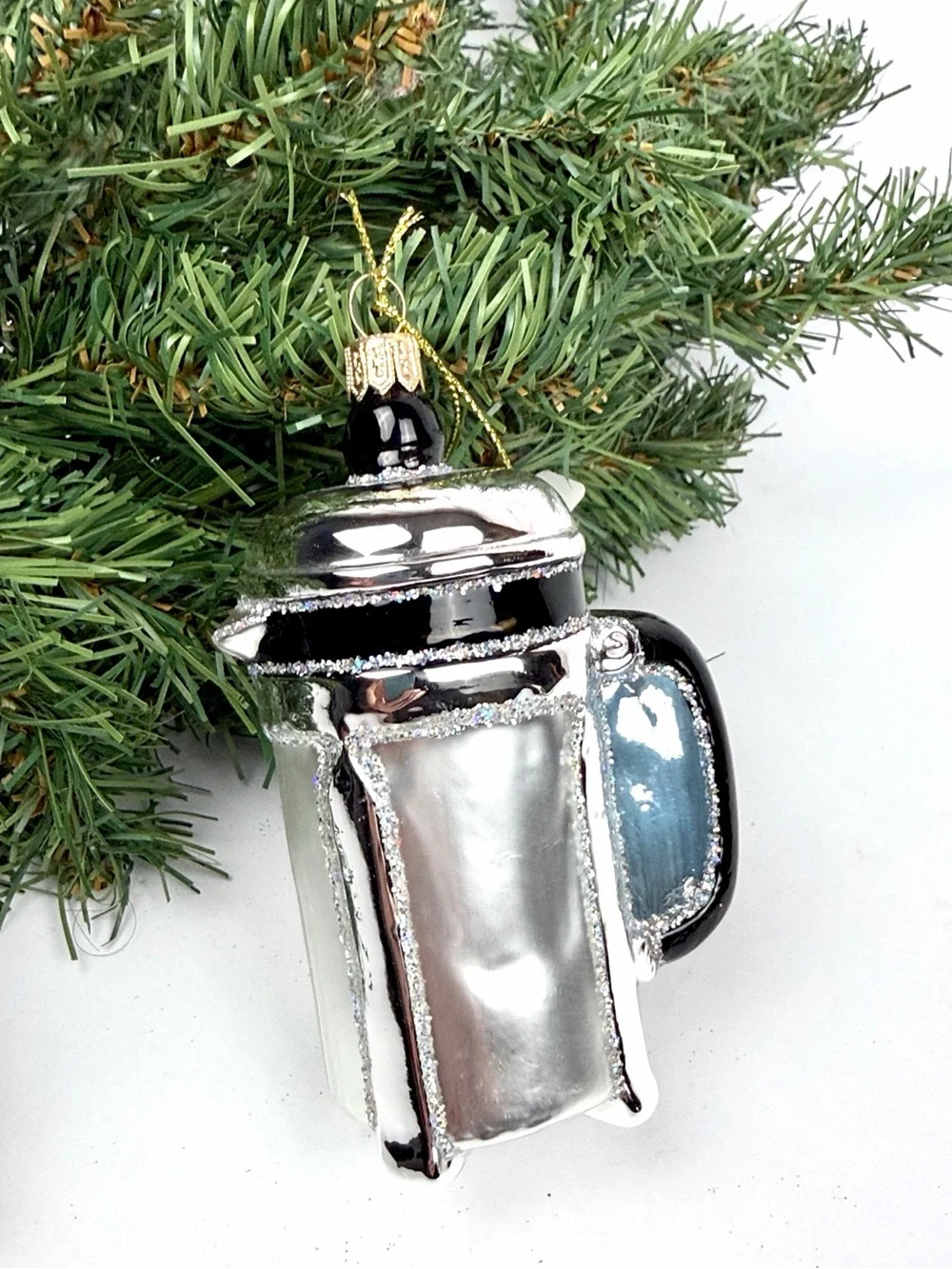 Glass Christmas Ornament French Press Coffee Maker made in Poland Sur La Table